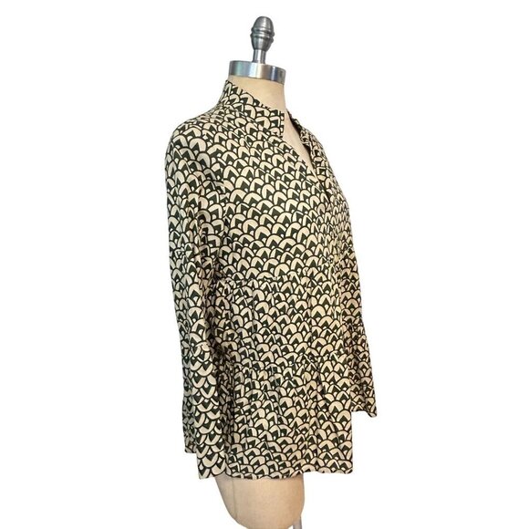 Julie Brown New York Boho Tunic Top Green Beige Scallop Print Small - Picture 2 of 5